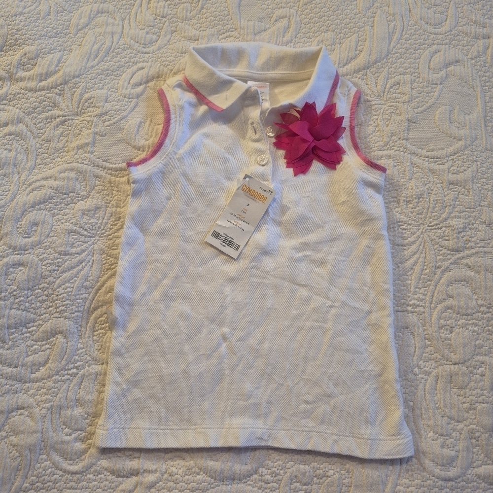 Gymboree girls size 3 white sleeveless polo pink trim & flower 2013 NWT